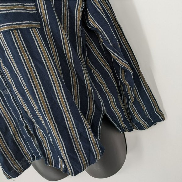 BP Nordstrom Button Front Blouse S Navy Mustard Striped Long Sleeve Patch Pocket - Picture 12 of 14